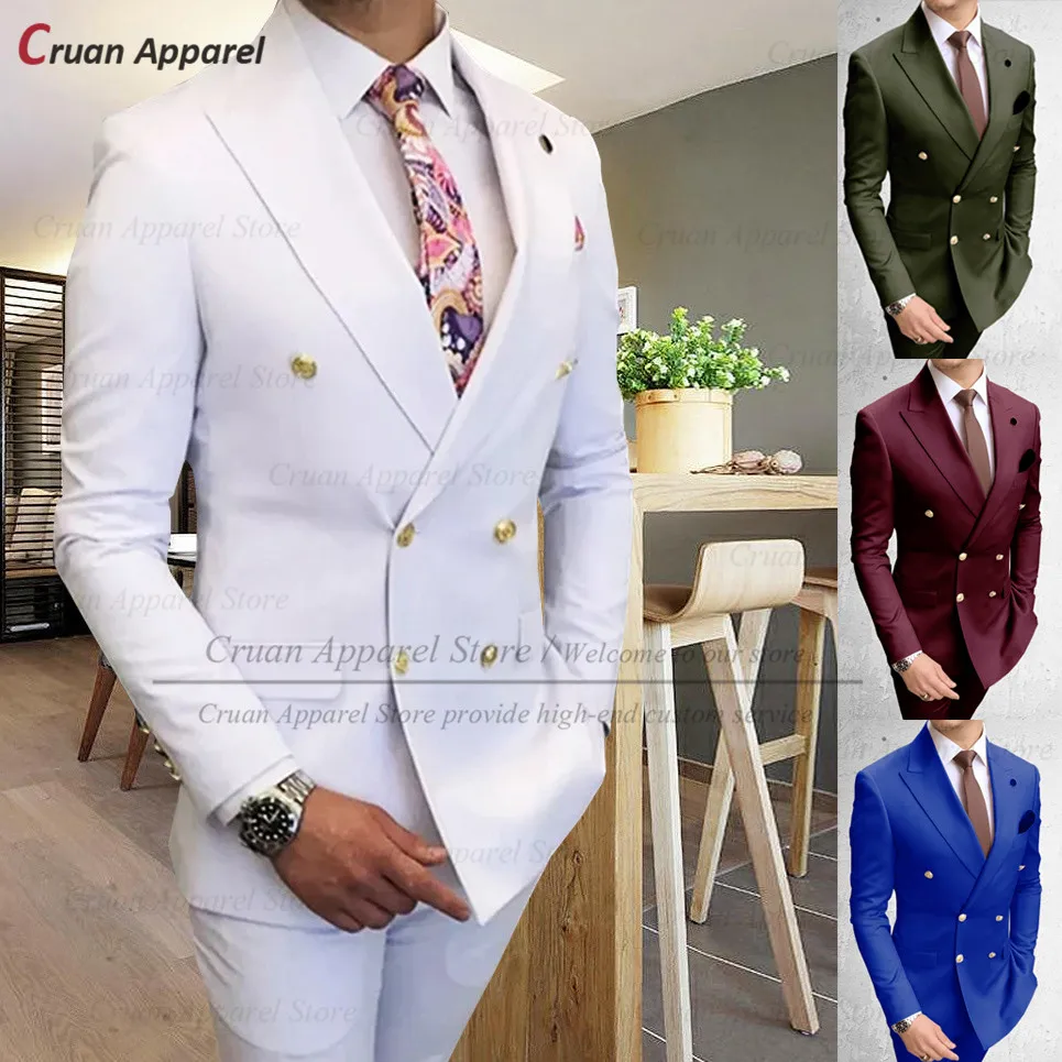 

Double Breasted White Men Suit Gold Buttons Slim fit 2 piece Wedding Groom Tuxedo Fashion Prom Business Costume Jacket Pants Set