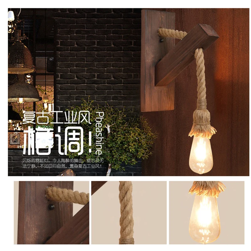 Dining Room Industrial Lighting Hemp Cordage Wood Wall Lamp Corner Home Interior Porch Light Aplique Luz Pared Kitchen HWL-116