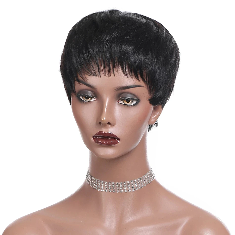 Short Bob Wig Straight Human Hair Wigs With Bangs Non Lace Front Wigs For Women Pixie Cut Wig Natural Color Full Machine Made