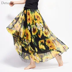 Nieuwe Mode 2025, vrouwen BOHO Elegante Bloemenprint Chiffon Lange Rok Dames Slanke Hoge Taille Elastische Taille Geplooide Rokken SK15