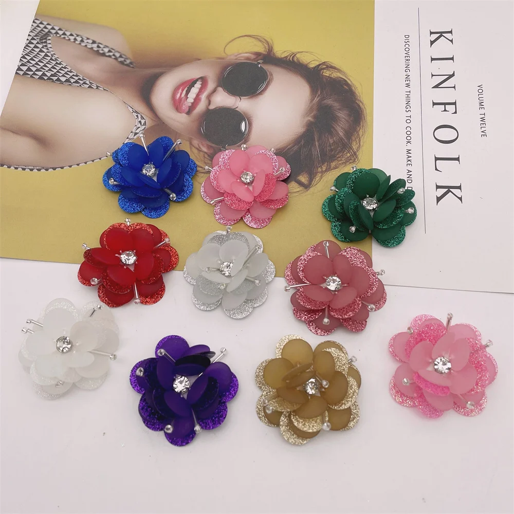 50PCS 3D handmade Rhinestone Flowers sew on Flower patches for  garment accessories DIY