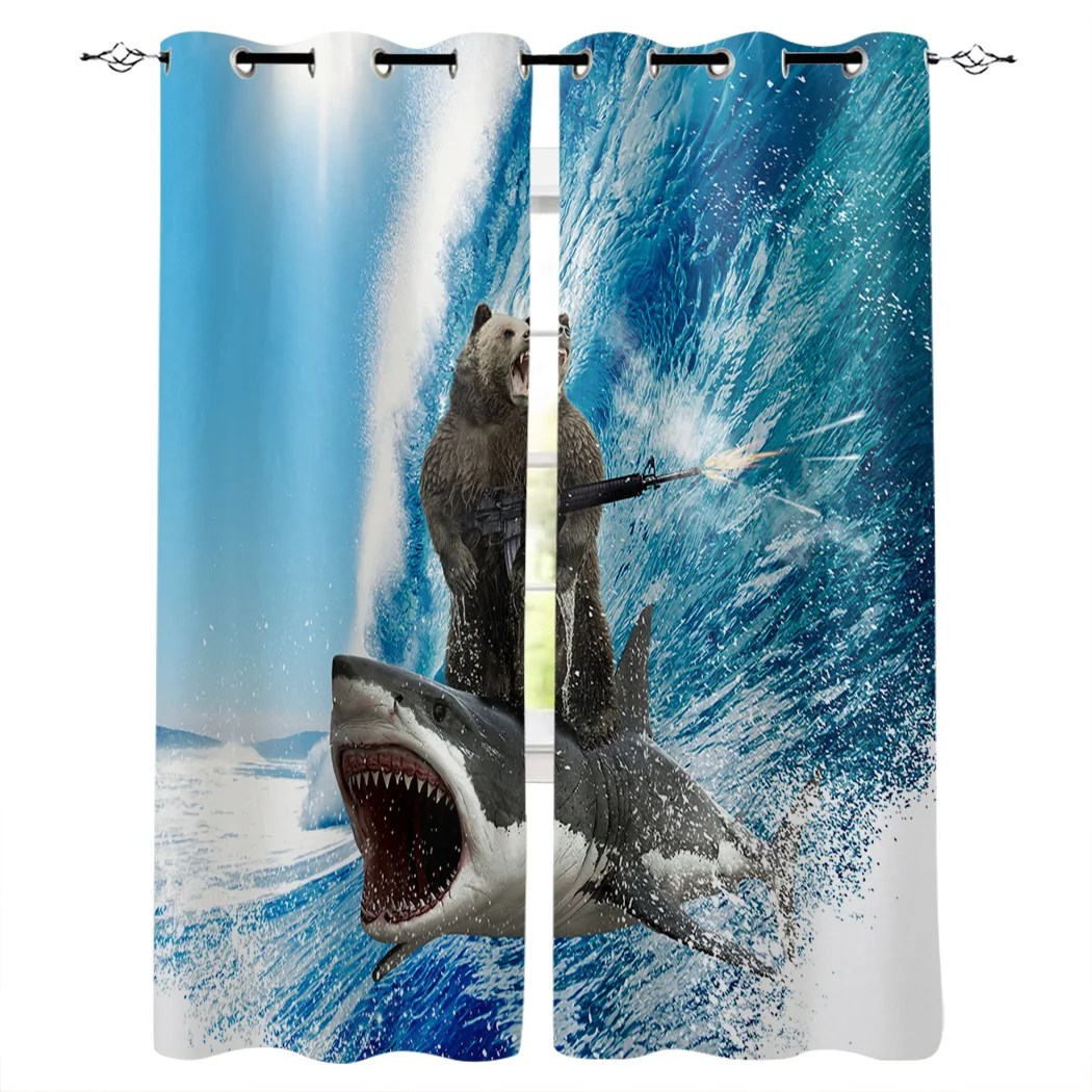 Funny Bear Shark Machine Gun Wave Window Curtains Curtain Lights Kitchen Fabric Drapes Indoor Decor Kids Window Treatment Ideas