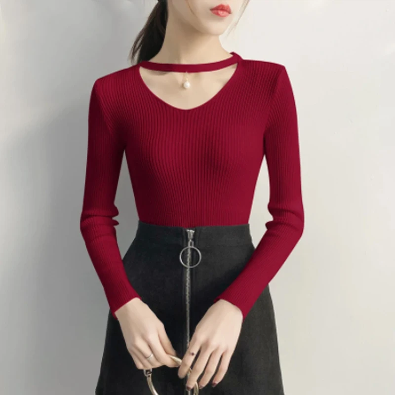 2023 Autumn Long Sleeve Sexy Slim Tops V-neck Sweaters Women Winter New Solid Streetwear Knitted Korean Pullover Burgundy 16641