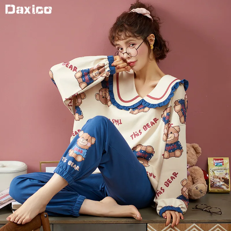 

2020 New Woman Cartoon Pajamas Autumn Long Sleeve Cotton Sleepwear Sweet Ladies Nightgown Princess Style Outdoor Homewear