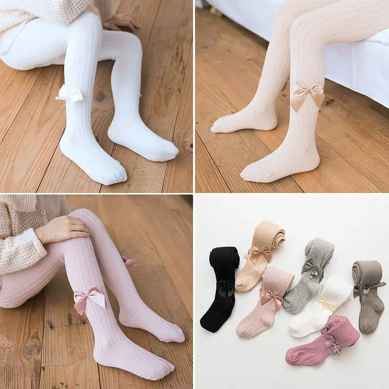 Kids Pantyhose Bow Baby Tights Spring Autumn Medium Thickness Combed Cotton Tights For Girls Trousers Bowknet Sweet