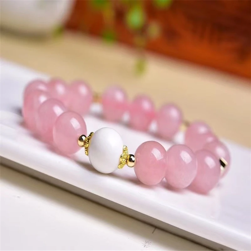 Pink Rose Powder Crystal Quartz Natural Stone Streche Bracelet Elastic Cord  Jewelry Beads Lovers Woman Gift