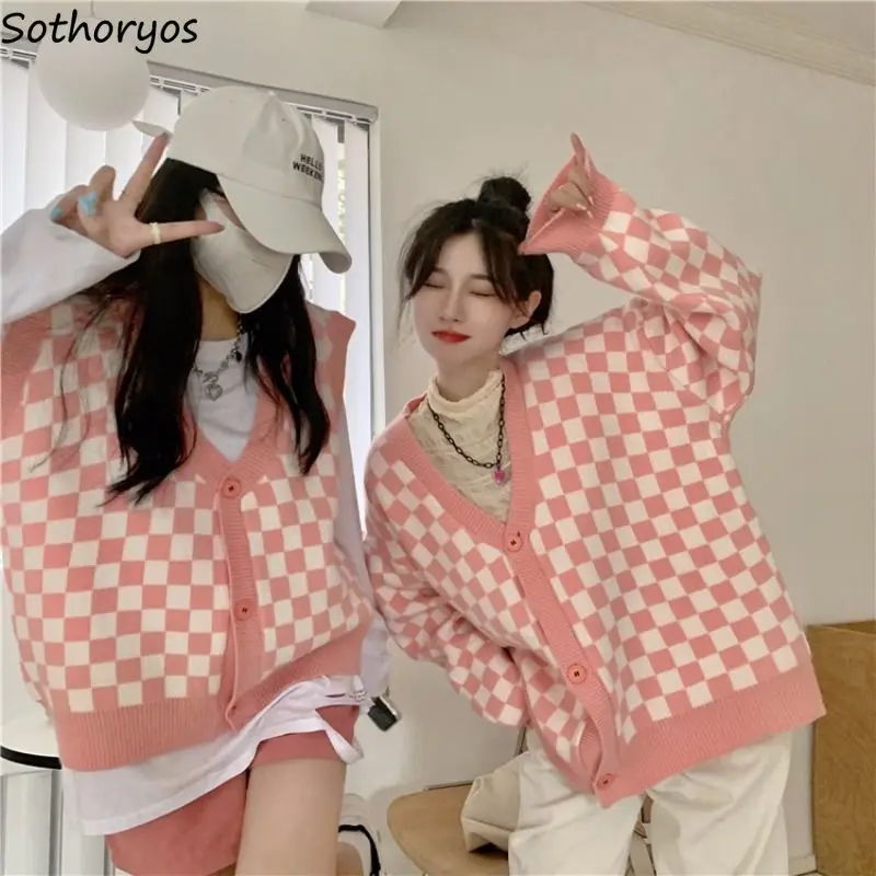 Checkered Cardigan Women All-match Outwear Fashion Loose Vintage Leisure Street Style Stylish Cool Girl Coats Sweaters Warm Chic