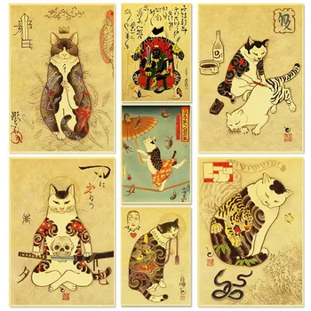 Hot Japanse Samurai Kat Ramen Nostalgie Poster Home Decor Art Decor Hight Kwaliteit Cartoon Schilderen Dier Poster Muurstickers