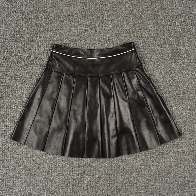 Genuine Women Leather Sheepskin Skirts Designer OL Style Pleated A-Line Skirt Fashion Slim High Waist Irregular Skirts S-3XL