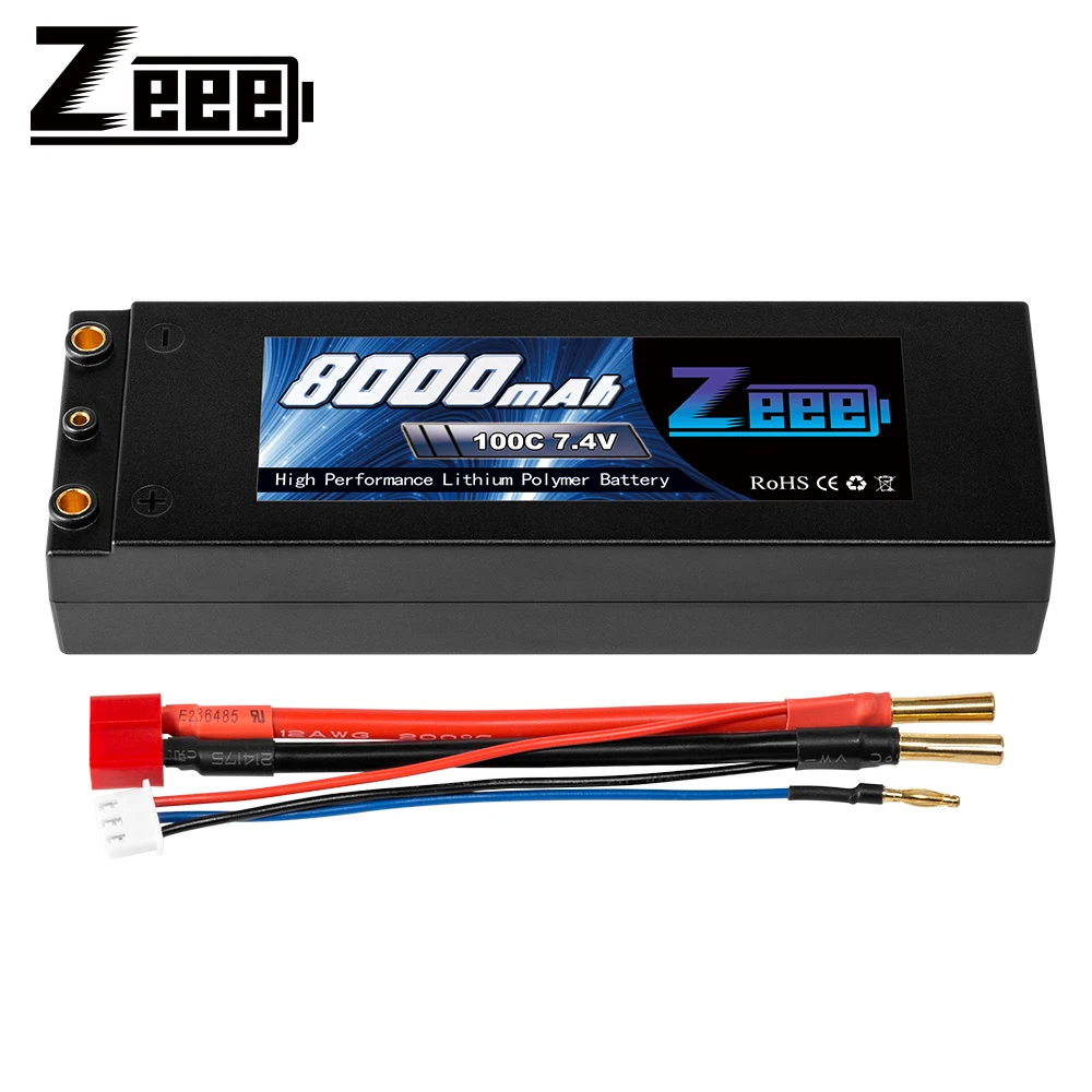 Zeee 2S 8000mAh Lipo Battery 7.4V 100C with 4mm Bullet Dean T Plug for RC Car Buggy Boat Truck FPV Drones RC Model Parts