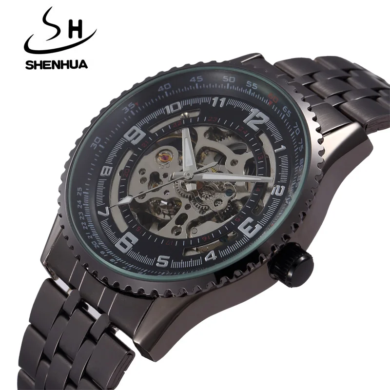 SHENHUA Watches Men Fashion Steampunk Skeleton Automatic Self Wind Mechanical Watches Men Gear Watches relogio masculino