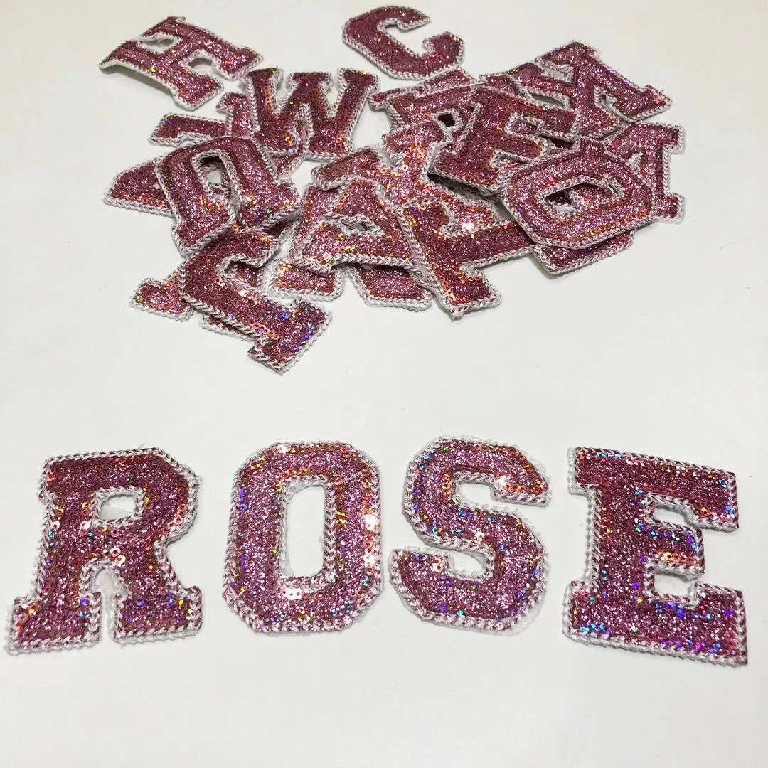 New Pink Sequins Letter Alphabet Patch For Clothes Iron On Garment Accessories Embroidered Applique Decoration Repair Patches