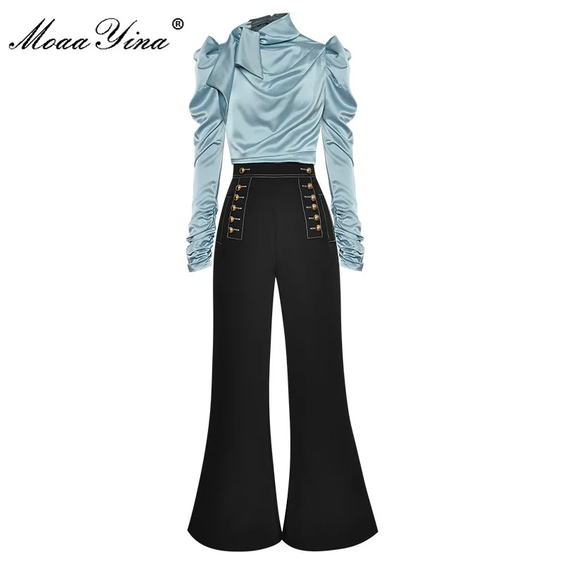 

MoaaYina Fashion Designer Set Autumn Women Ruched Long Sleeve Tops+Double breasted bell-bottoms Two-piece set