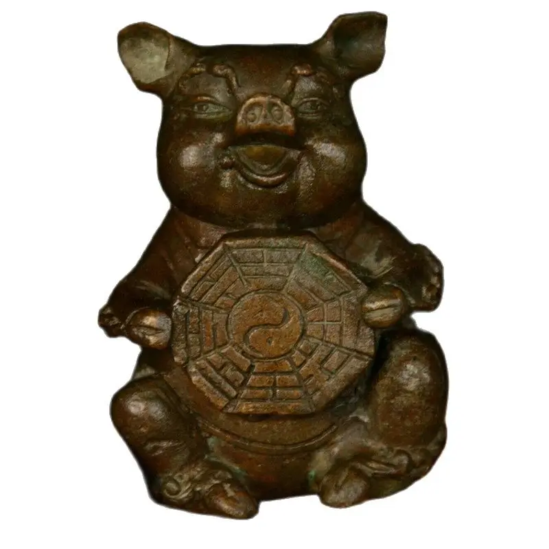 

Folk Chinese Copper Bronze Fengshui 12 Zodiac Year Animal Pig Taiji Bagua Statue Statues for Decoration Collection Ornaments