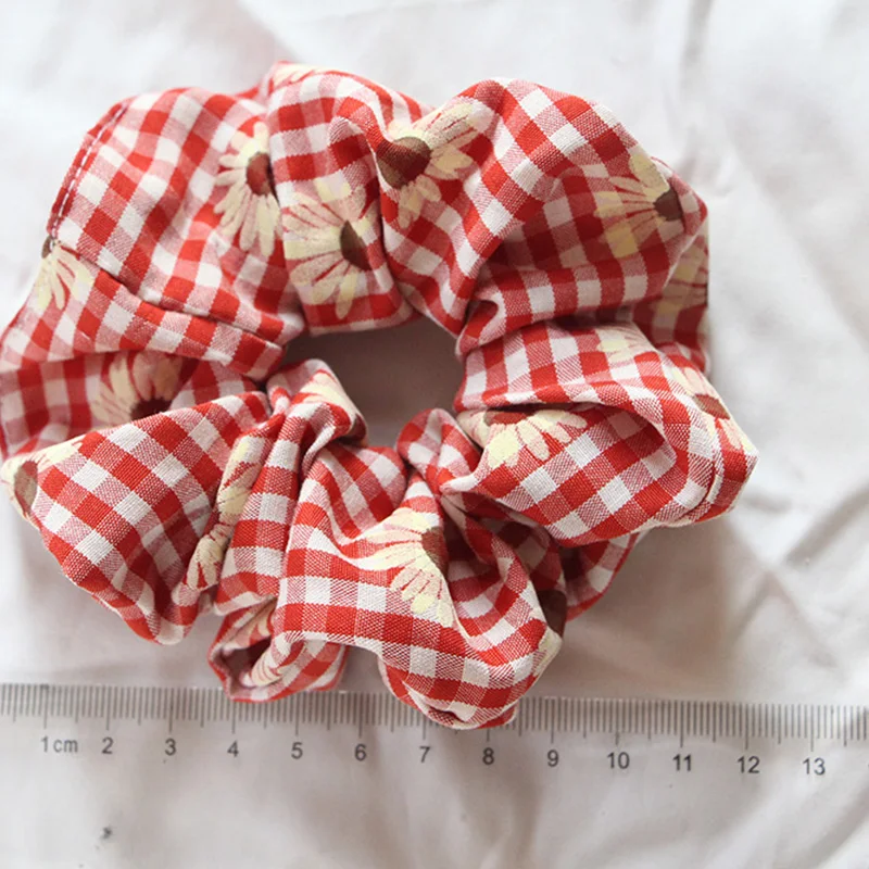 Ladies Plaid Scrunchy Lovely  Daisy Flowers Print Cotton Ponytail Rope Bands Holder Vintage Floral Hair Band  Hair Gum Scrunchie