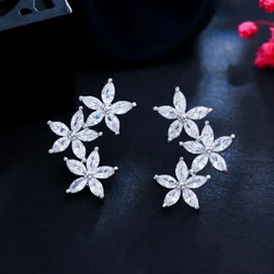 CWWZircons Trendy White Cubic Zirconia Silver Color Cluster Flower Leaf Stud Earrings for Women Chic Korean Style Jewelry CZ933