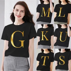 Street Women Clothing T-shirt Casual Slim Top Initial Name Gold Letter Print Ladies Fashion Round Neck Black Short Sleeve Top