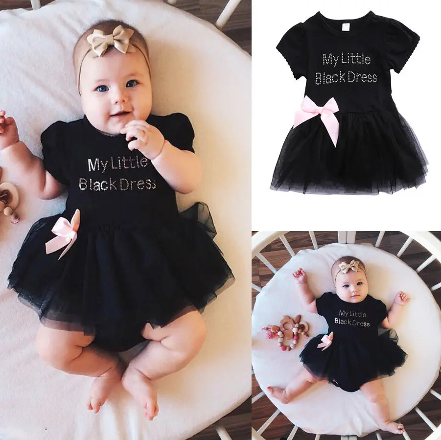 0-24M Fashion Cute Summer Newborn Infant Baby Girls Cotton O-Neck Letter Print Lace Knee-Length Black Tutu Dress Outfit Party