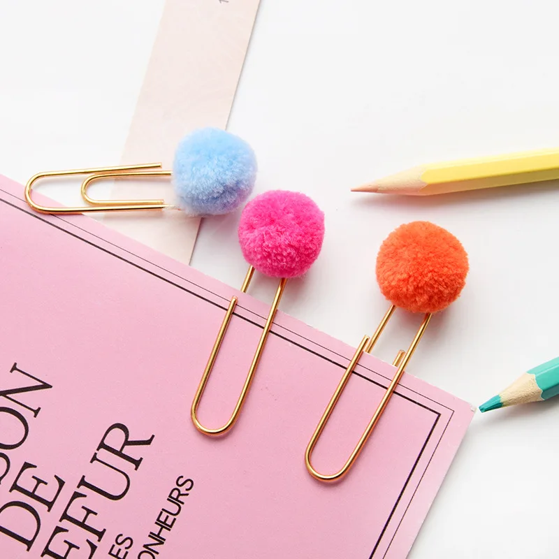 4 pcs/lot Girl Heart Colored Hair Ball Paper Clip Bookmark Promotional Gift Stationery School Office Supply Escolar Papelaria