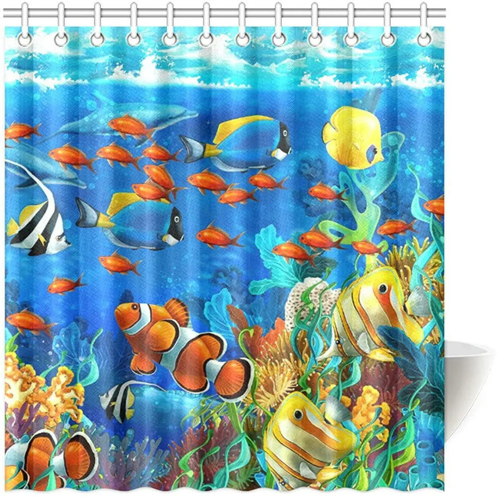 Cartoon Blue Ocean Shower Curtain Tropical Fish Coral Undersea World Waterproof Fabric Child Bathroom Wall Decor With Hook Set