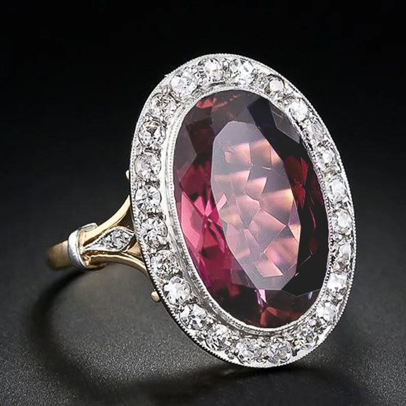 Huitan Gorgeous Women Wedding Party Finger Rings Oval Red CZ Two Tone Design Noble Birthday Gifts Female Elegant Fashion Jewelry