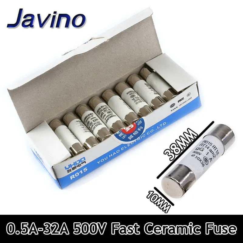 5-60szt Javino 10*38 Bezpiecznik ceramiczny 10x38mm Bezpiecznik 500V 0.5A 1A 2A 4A 5A 6A 8A 10A 16A 20A 32A RO15 RT18 RT14