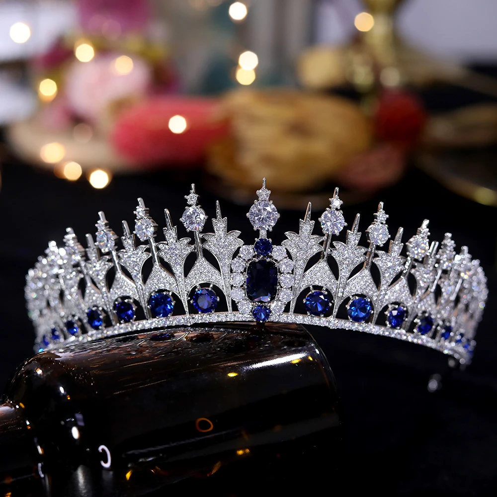 Clássico Europeu Família Real Coroa Azul, Nupcial Do Casamento Ornamento Do Cabelo, CZ Headdress, Rainha Crown e Tiaras, Jóias Acessórios