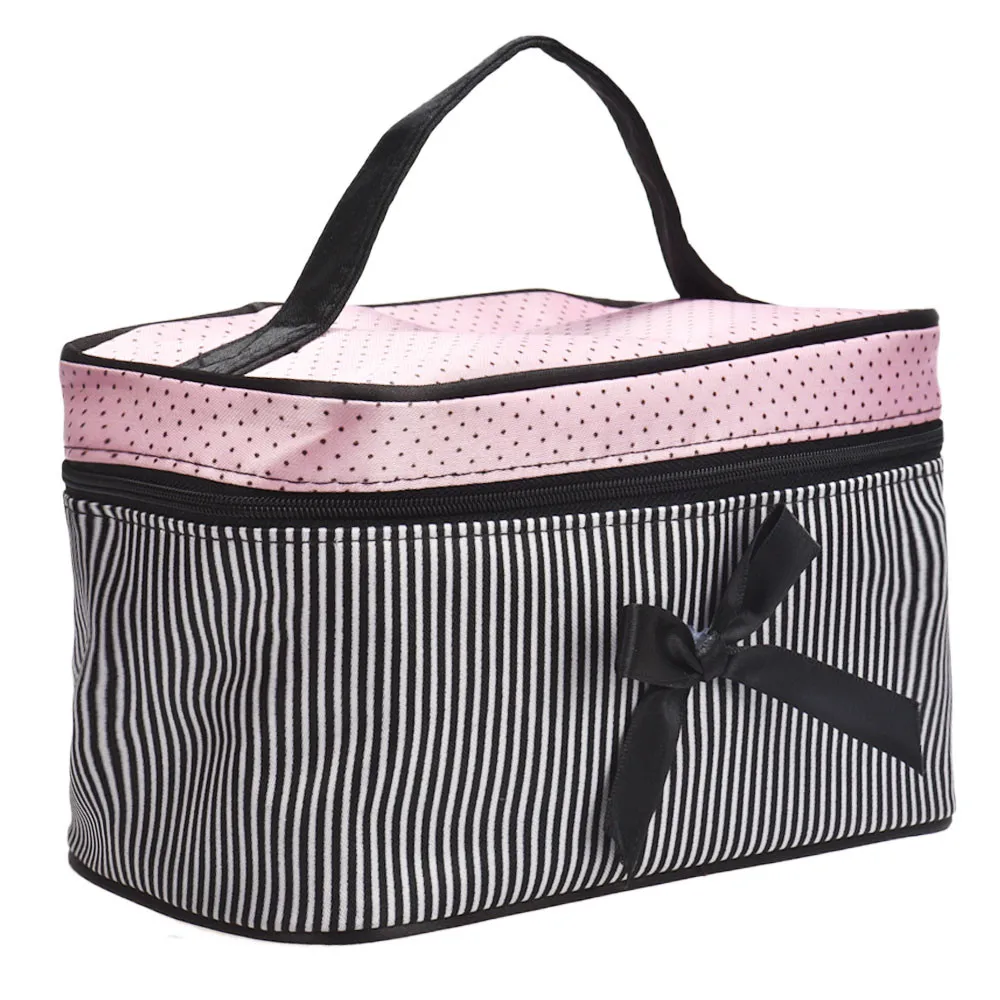 Women Travel Bow Stripe Make Up Bags Girl Cosmetic Bag Makeup Beauty Bra Wash Organizer Toiletry Pouch Storage Kit Bath Case