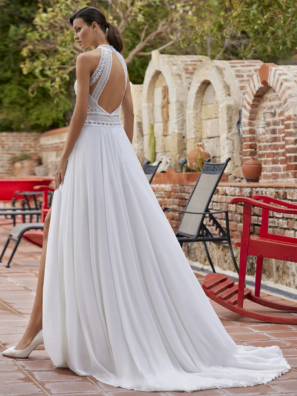 Robe de mariée en mousseline de soie, dentelle découpée, style Boho, fente haute, décolleté en v profond, ligne A douce, pour la plage, été, 2021