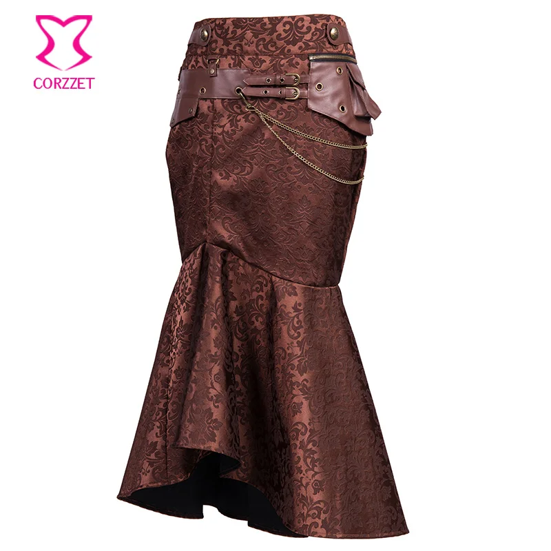 Victorian Brown Brocade Long Skirts With Leather Bag Women Gothic High Waist Mermaid Skirt Steampunk Maxi Skirts High Streetwear