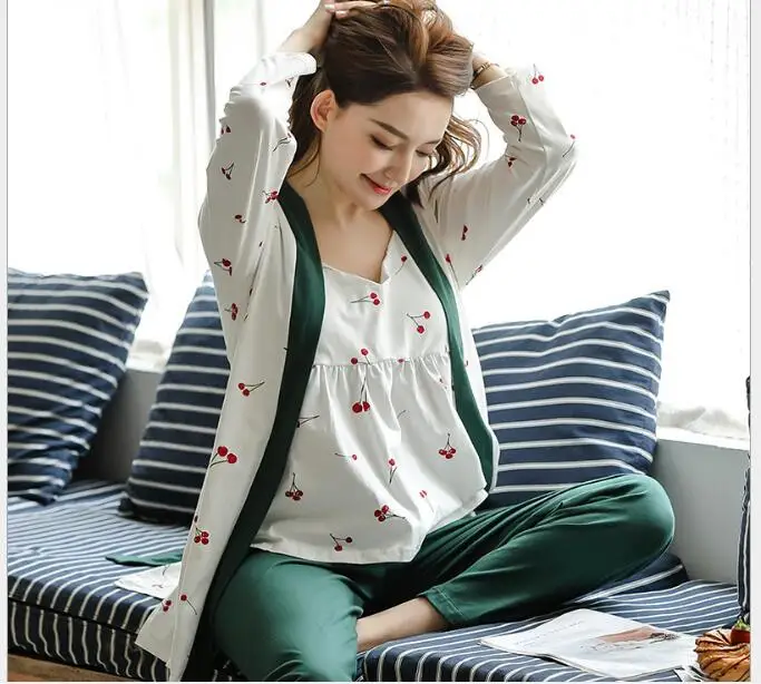 Fashion Maternity Piyama Set 3-Piece Set Baju Tidur Fashion Lengan Panjang Menyusui Menyusui ASI Pakaian untuk Ibu Hamil