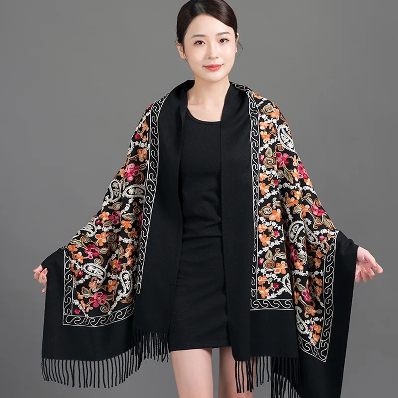 New Women Elegant Embroider Flower Fringed Shawl Long Soft Cashmere Pashmina Scarves All-match Travel Thick Blanket Wraps Scarf