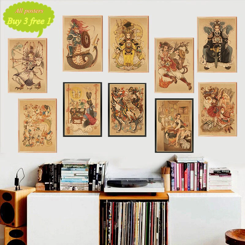 Korean classic cartoon illustration Retro Kraft Poster Decorative Wall Sticker Home Bar Art Posters Decor