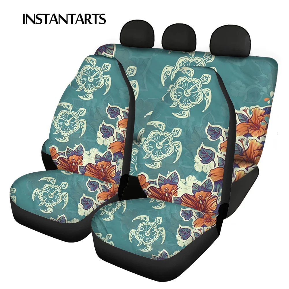 INSTANTARTS Car Seat Covers Hibiscus And Turtles Print Durable Vehicle Seat Covers Set Washable Car Accessories Car Seat Cushion