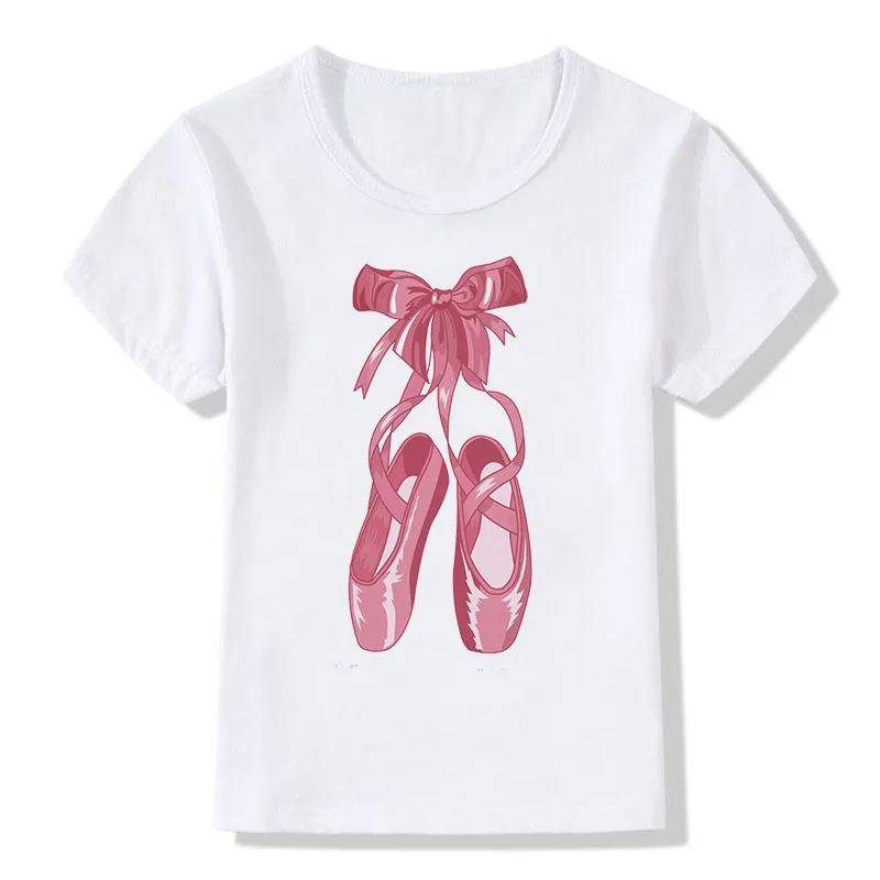 Ładne buty baletowe Bowknot drukuj dziewczyny T Shirt Harajuku luźna koszulka dla dziewczynki 2-12 lat ubrania dla dzieci dziecko topy z krótkim rękawem