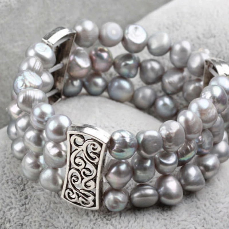 

Classic Design Three Strands Grey Freshwater Pearl Bangle - Women Bracelet