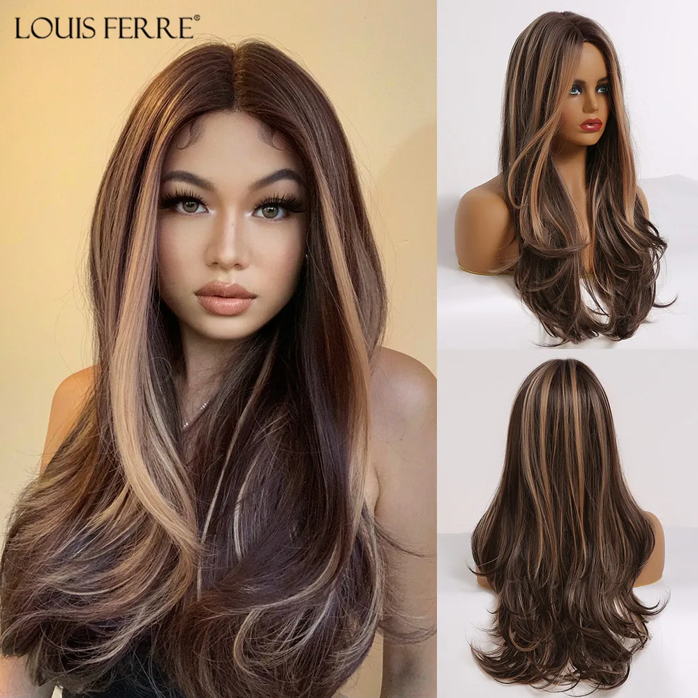 LOUIS FERRE Long Black Brown Gloden Honey Wavy Wig with Highlights Cosplay Synthetic Wigs Women Heat Resistant Middle Part Wigs