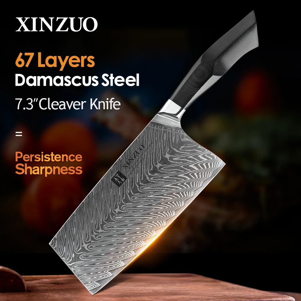 XINZUO 7.3'' Inch Cleaver Knife Damascus Steel Ergonomics & Comfortable Handle Kitchen Knives Household Cooking Tools