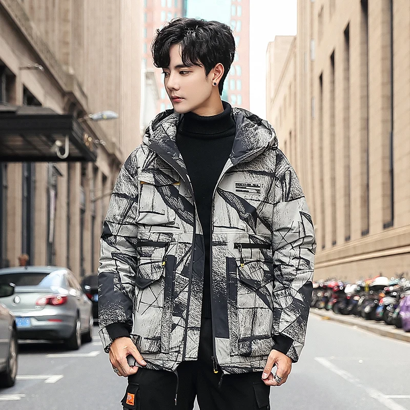 Winter Men\'s Hooded Down Jackets Fashion Korea Style Thick Warm White Duck Down Coats Man Printed Puffer Jacket Male JK-9812