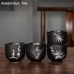 Japanese Black Pottery Ceramic Tea Cup Kung Fu Tea Set Hand-painted Lotus Bamboo Rhyme Master Cup Kung Fu Tea Set TeaCup Teaware