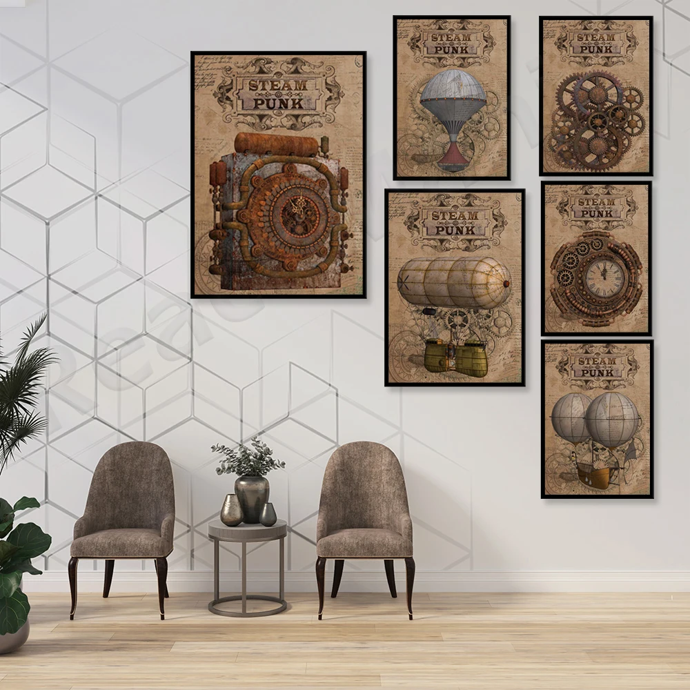 Art Poster Printmaking Industrial Fantasy Clock Gear Hot Air Balloon, Vintage Victorian Style Printmaking Wall Art Deco Poster