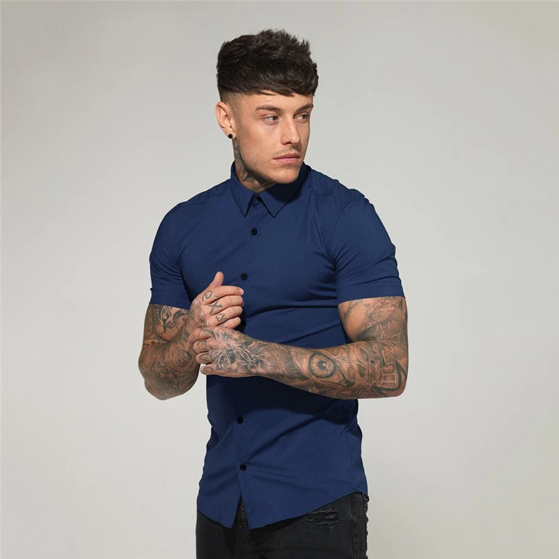New Spring Summer Brand Mens Casual Sports Short Cool Fashion Breathable Fitness Clothing Turn-down Collar  Sleeve Shirts