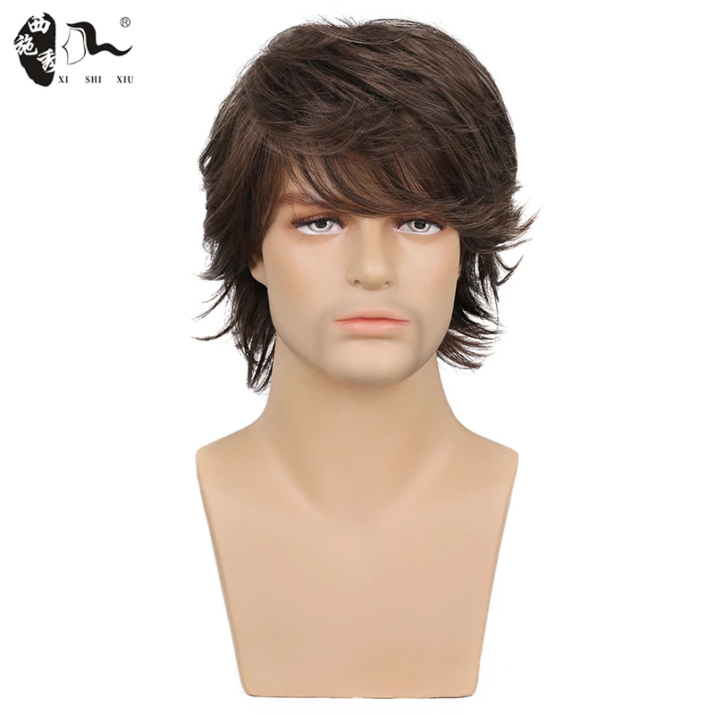 10inch Short Brown Straight Wave Synthetic Wigs With Bangs For Young Men Fleeciness Realistic Natural Heat Resistant Daily Wigs