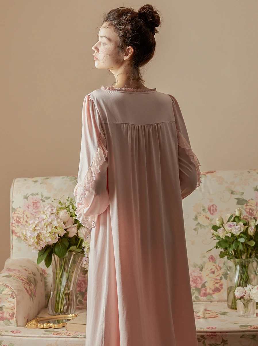 Hanxiuju Vintage Long Nightshirts For Women Royal Princess Delicate Lace Sleeve Loose Solid Color Sweet Sleepwear Home Wear