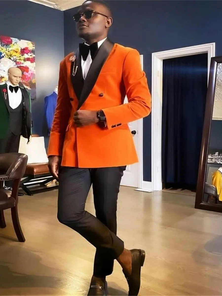 

2022 Tailor-Made Orange Velvet Blazer Wedding Men Suits Pants Slim Fit Tuxedos Groom Prom Double Breasted Suits Terno Masculino