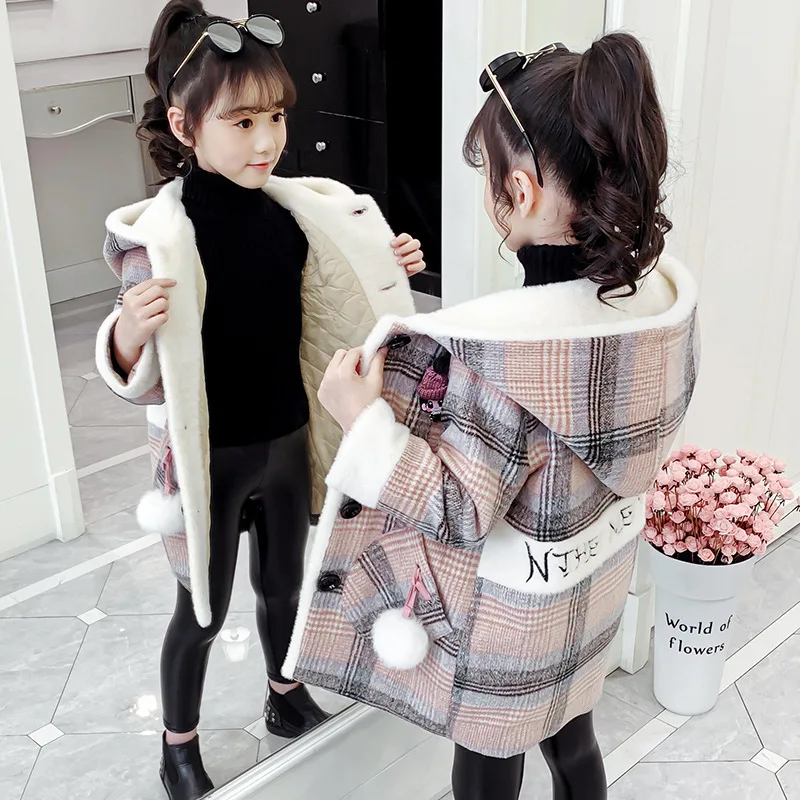 

Girls Worsted Coat Thickened Mink Outerwear New Fall Winter Children's Cotton Padded Wool Jacket Kids Plaid Hooded Overcoat P361