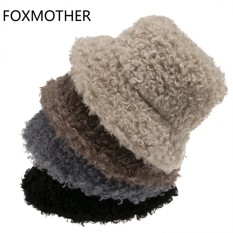 FOXMOTHER New Outdoor Warm Lamb Faux Fur Bucket Hat Black Solid Fluffy Fishing Cap Panama Bob Fisherman Gorros Women Winter 2021