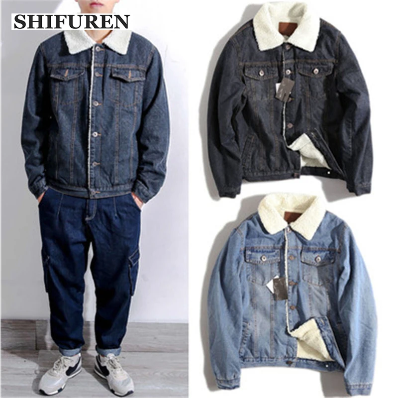 

SHIFUREN Winter Men jeans Jacket Thick Warm Denim Jacket Outwear Long Sleeve Male Cotton Cowboy Streetwear Turn-down Collar