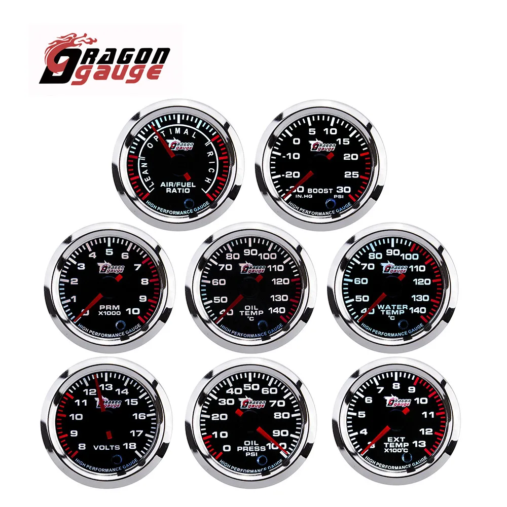 DRAGON GAUGE 52mm Tachometer PRM Voltmeter Air-Fuel Ratio Boost Gauge EGT Gauge Water Temp Oil Temp Oil Press 7 Colors Backlight