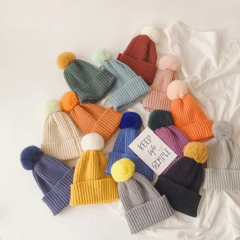 Mignon pompon enfants chapeau coloré boule de cheveux élastique enfants bébé fille garçon automne hiver bonnet chapeau couleur unie tricoté bonnets casquette